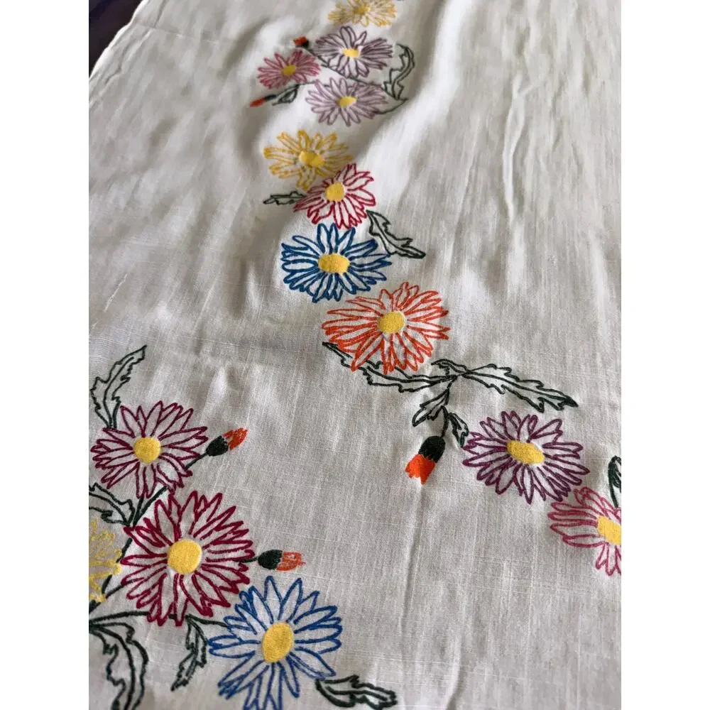Hand Painted Floral Tablecloth Cotton Vintage Cottagecore Daisy Print 39x45